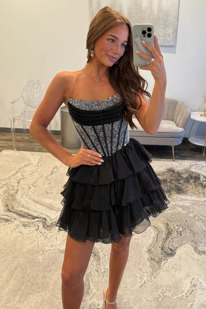 Strapless Corset Homecoming Dress With Beading Detail And Tiered Tulle Skirt AS161