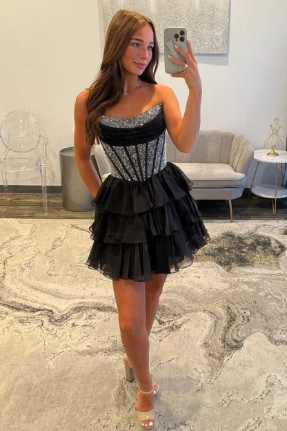 Strapless Corset Homecoming Dress With Beading Detail And Tiered Tulle Skirt AS161