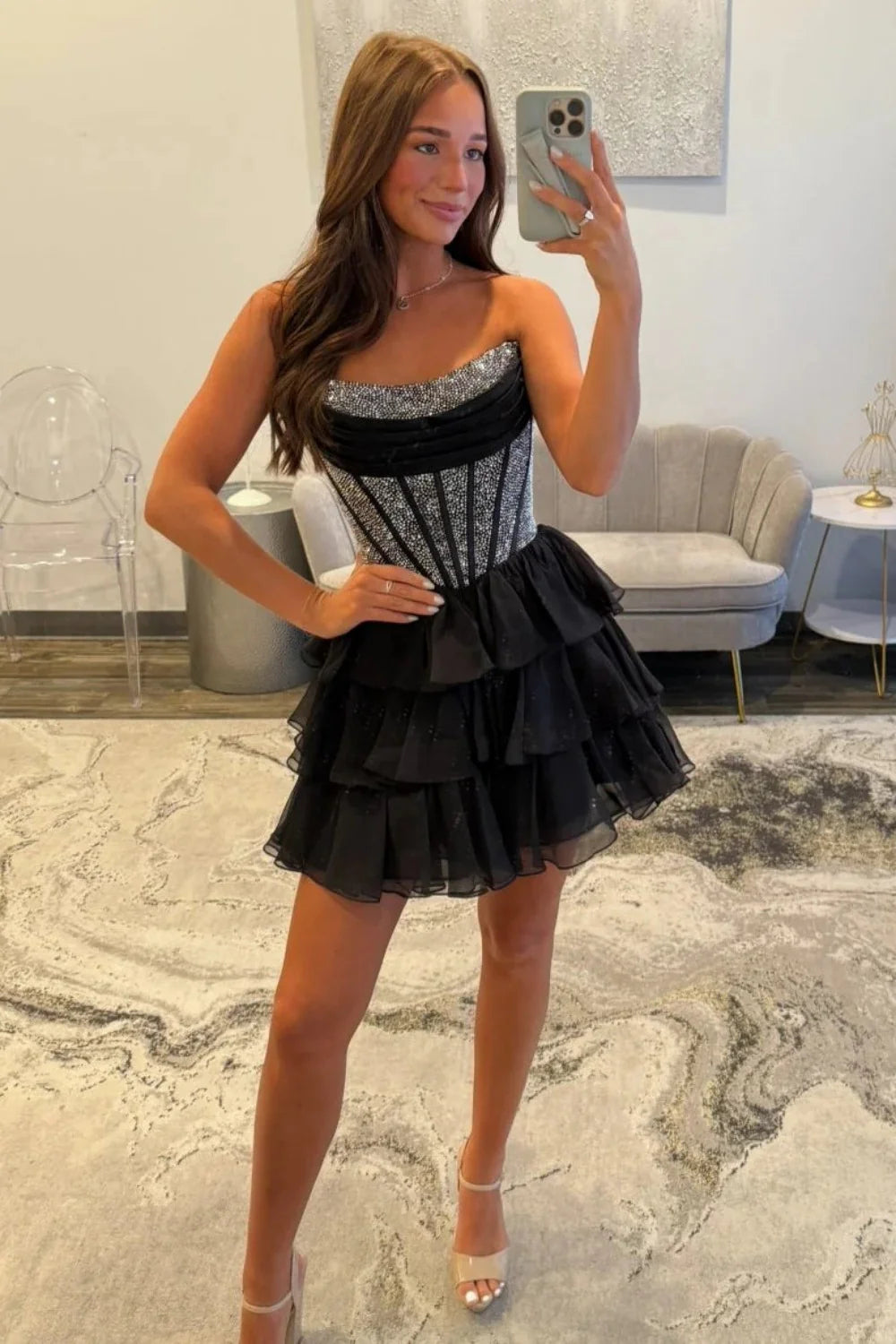 Strapless Corset Homecoming Dress With Beading Detail And Tiered Tulle Skirt AS161