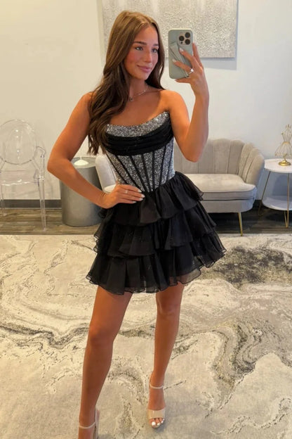 Strapless Corset Homecoming Dress With Beading Detail And Tiered Tulle Skirt AS161