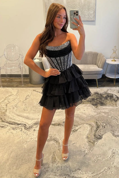 Strapless Corset Homecoming Dress With Beading Detail And Tiered Tulle Skirt AS161