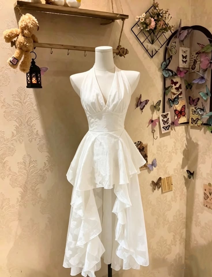 Elegant White Halter Deep V-Neck High Low Hem Short A Line Homecoming Dress AS1614