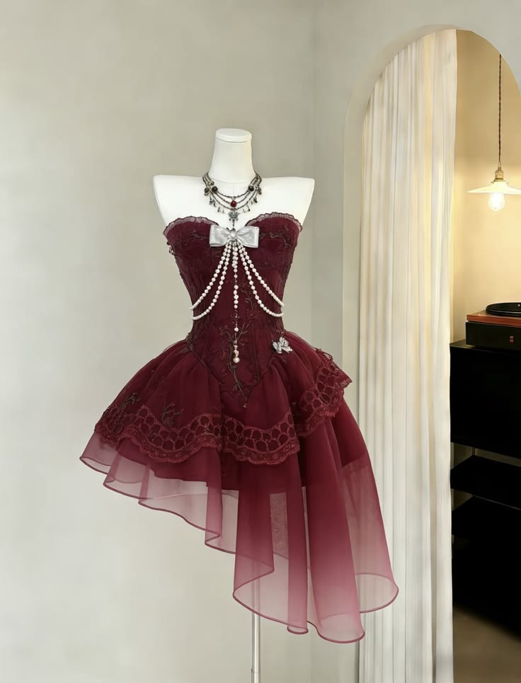 Luxurious Burgundy Strapless Sweetheart Neck Bow Pearl Chain Corset A Line Asymmetrical High Low Short Homecoming Dress AS1617
