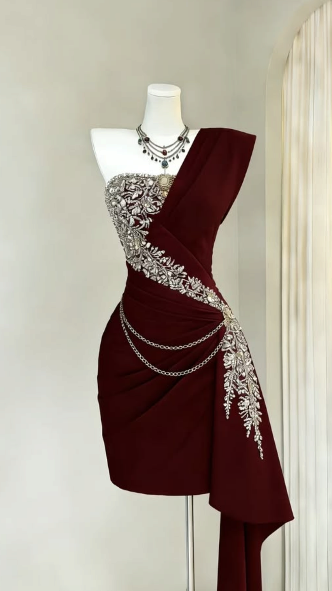 Luxe Burgundy One Shoulder Beaded Bodycon Short Homecoming Dress With Side Drape Tail AS1618