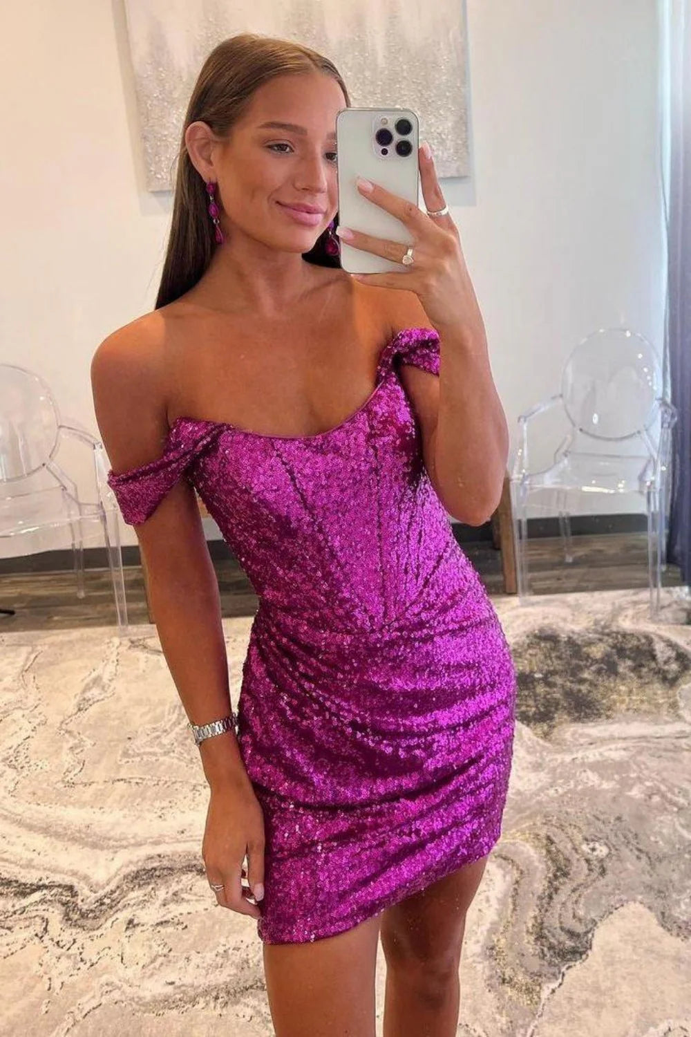 Purple Sparkly Sequin Off The Shoulder Short Homecoming Party Dress AS162