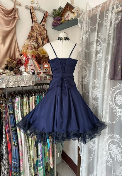 Elegant Navy Blue Spaghetti Strap Side Twist Ruched Waist Ruffled Hem Black Tulle Layer A Line Short Homecoming Dress AS1624