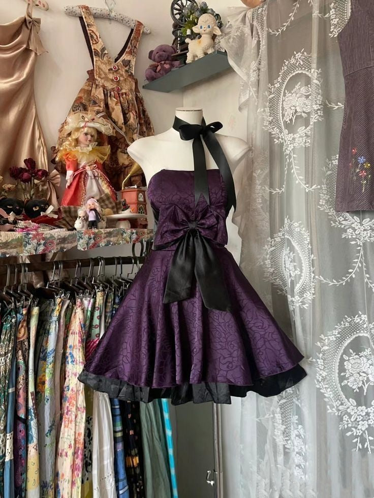 Regal Purple Jacquard Strapless Bow A Line Short Homecoming Dress AS1625