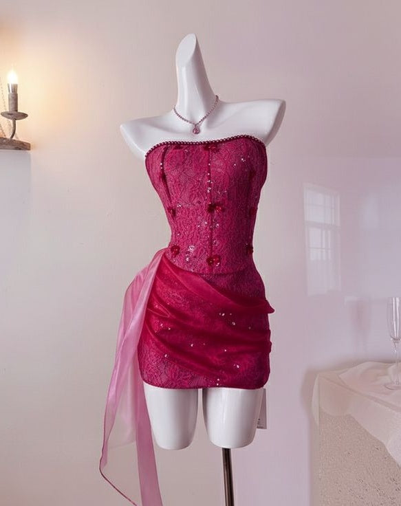 Glam Fuchsia Strapless Beaded Corset Bodycon Short Homecoming Dress With Draped Organza Ribbon AS1628
