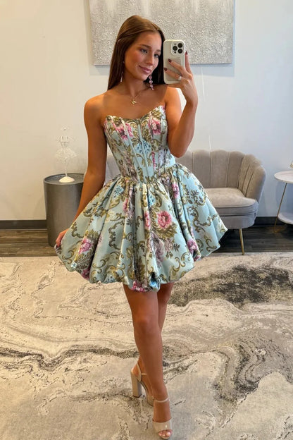 Strapless A-Line Floral Print Corset Homecoming Dress With Flared Skirt AS163