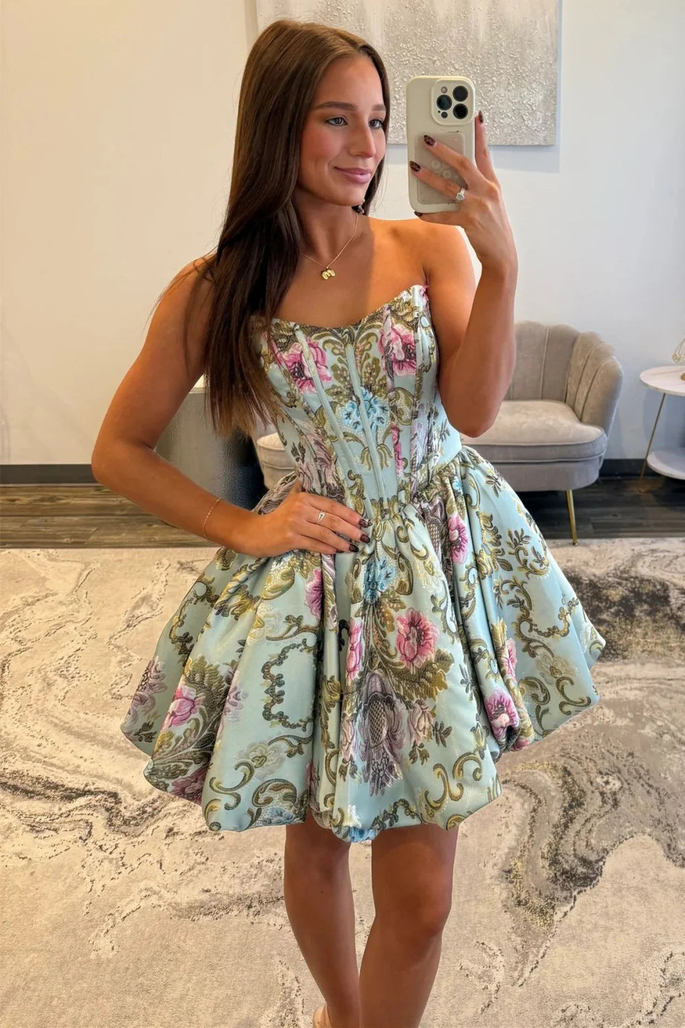 Strapless A-Line Floral Print Corset Homecoming Dress With Flared Skirt AS163