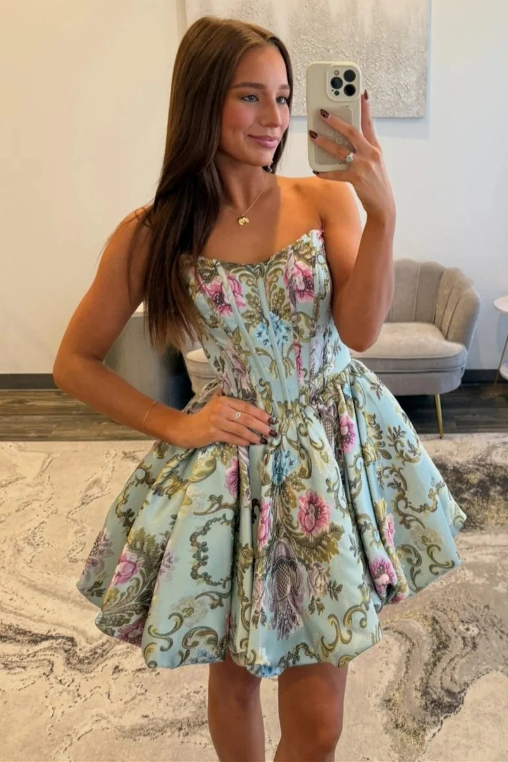 Strapless A-Line Floral Print Corset Homecoming Dress With Flared Skirt AS163