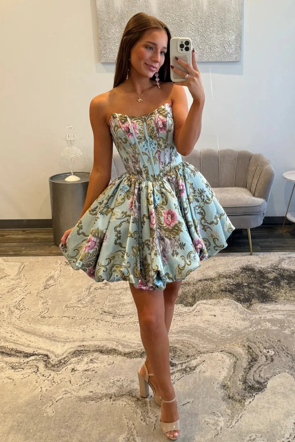 Strapless A-Line Floral Print Corset Homecoming Dress With Flared Skirt AS163
