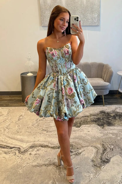 Strapless A-Line Floral Print Corset Homecoming Dress With Flared Skirt AS163