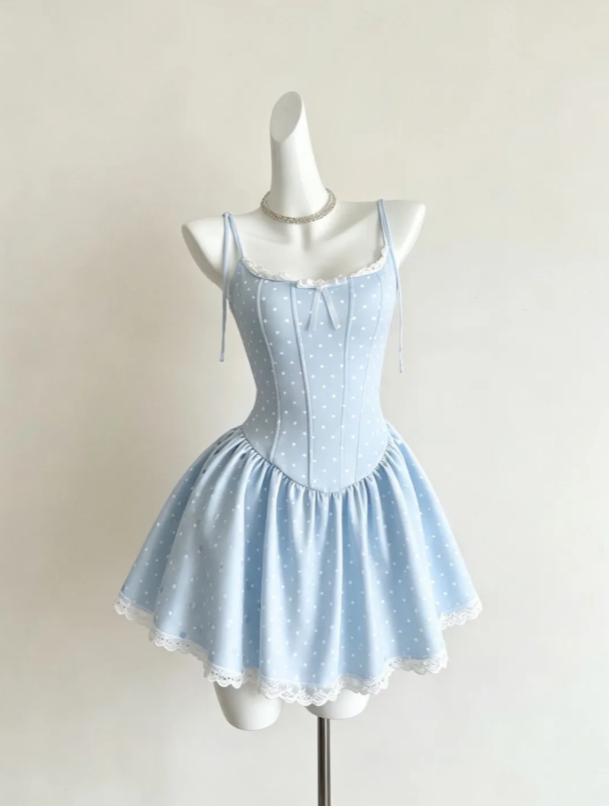 Cute Baby Blue Polka Dot Spaghetti Strap Corset Front Tiny Bow Lace Trim Hem A Line Short Homecoming Dress AS1632