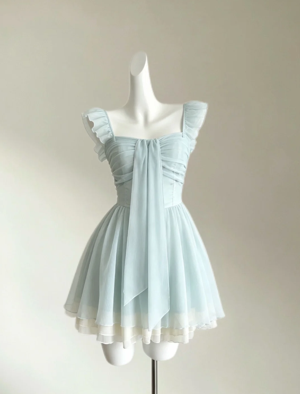 Elegant Mint Green Ruffle Strap Front Draped Sash Runched Chiffon A Line Short Homecoming Dress AS1633