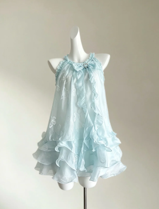 Whimsical Light Blue Butterfly Jacquard Halter Bow Front Cascading Ruffle Hem A Line Short Homecoming Dress AS1634