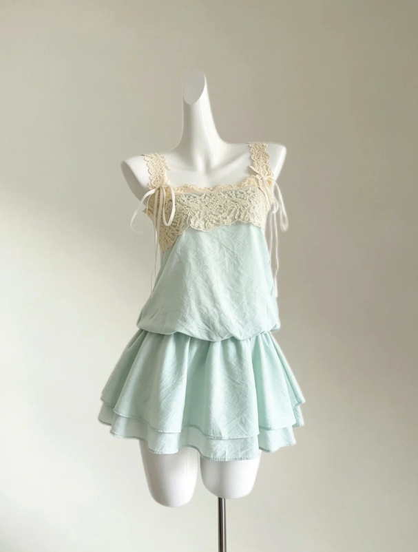 Fresh Mint Green Lace Trim Strap Mini Tie Bow A Line Short Homecoming Dress AS1635