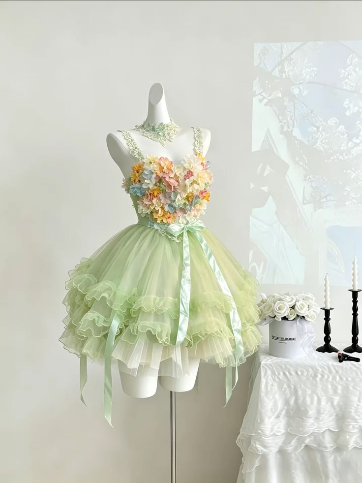Vivid Spring Light Green Lace Strap 3D Flower Appliques Waist Satin Bow Layered Tulle A Line Short Homecoming Dress AS1638