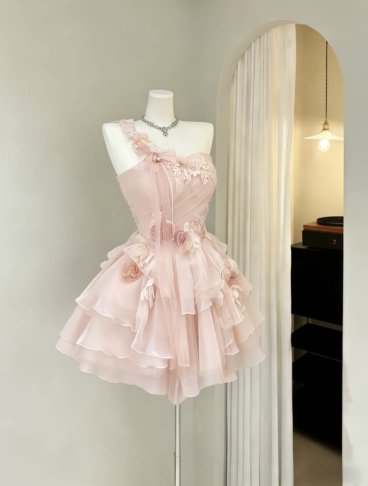 Delicate Blush Pink One Shoulder 3D Floral Applique Layered Ruffle A Line Short Homecoming Dress AS1639