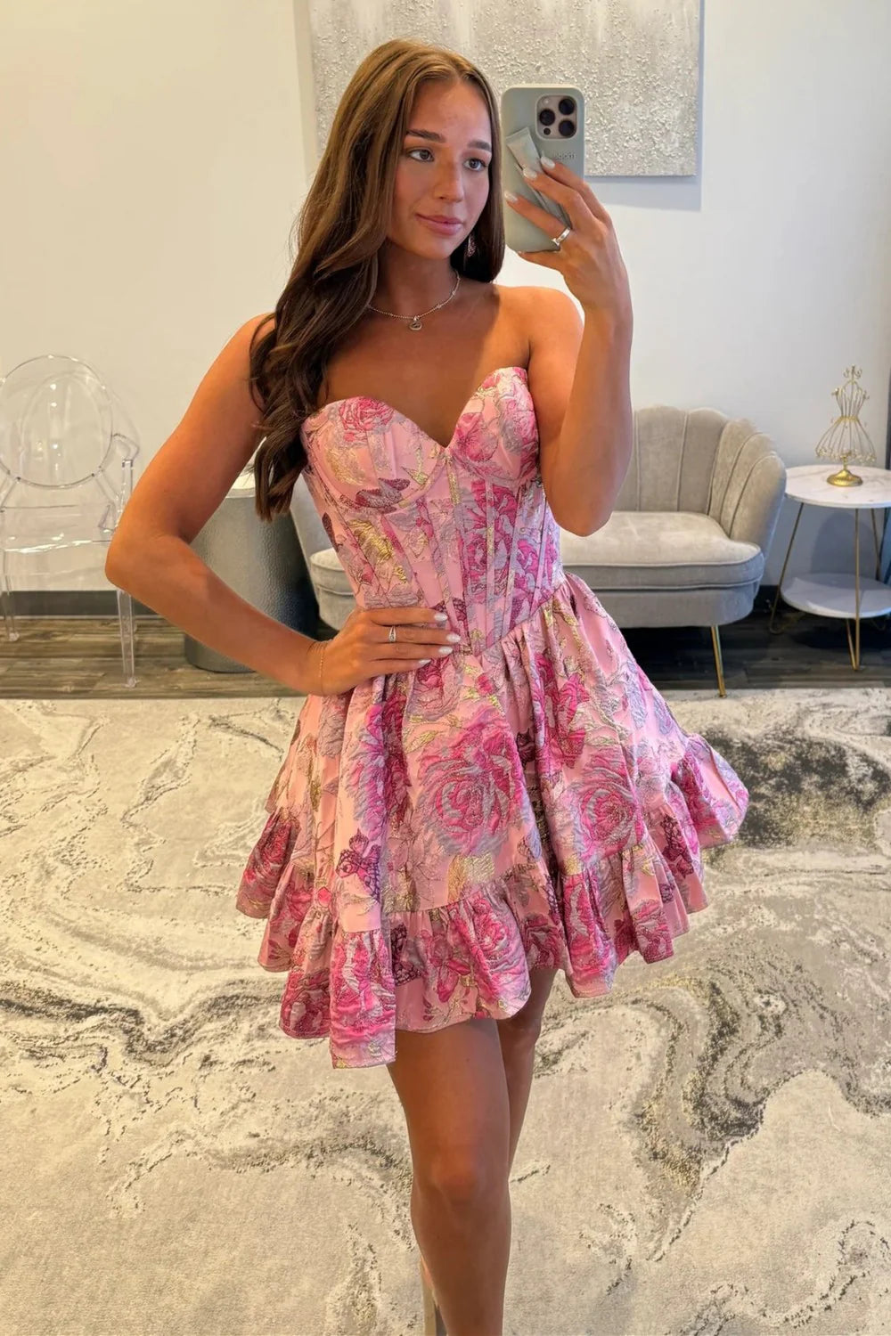 A-Line Floral Pink Sweetheart Corset Homecoming Dress With Ruffled Skirt AS164