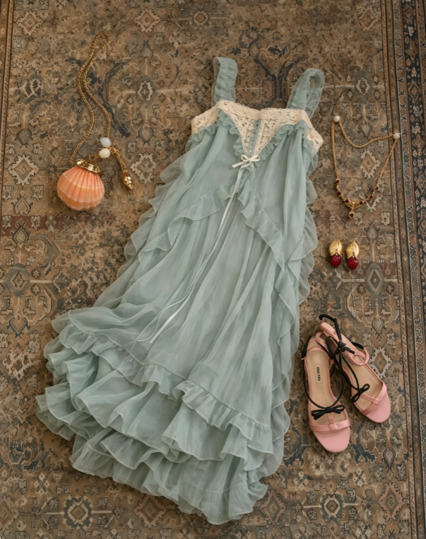 Whimsical Mint Green Strap Lace Trim Chiffon A Line Midi Homecoming Dress AS1642