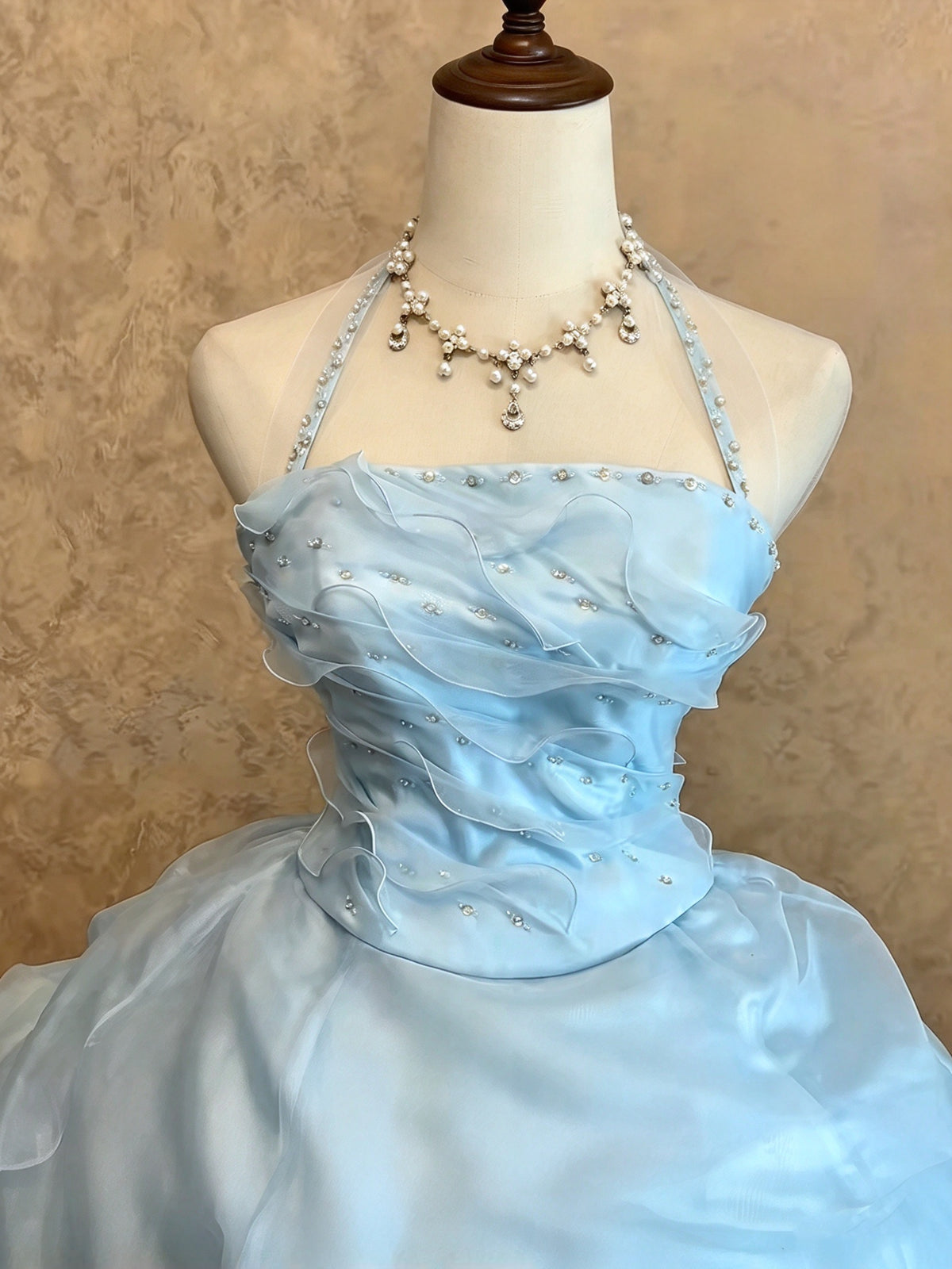 Ethereal Light Blue Halter Beaded Ruffled 3D Flower Ball Gown Quinceanera Dress Long Prom Dress AD1465