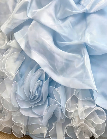 Ethereal Light Blue Halter Beaded Ruffled 3D Flower Ball Gown Quinceanera Dress Long Prom Dress AD1465