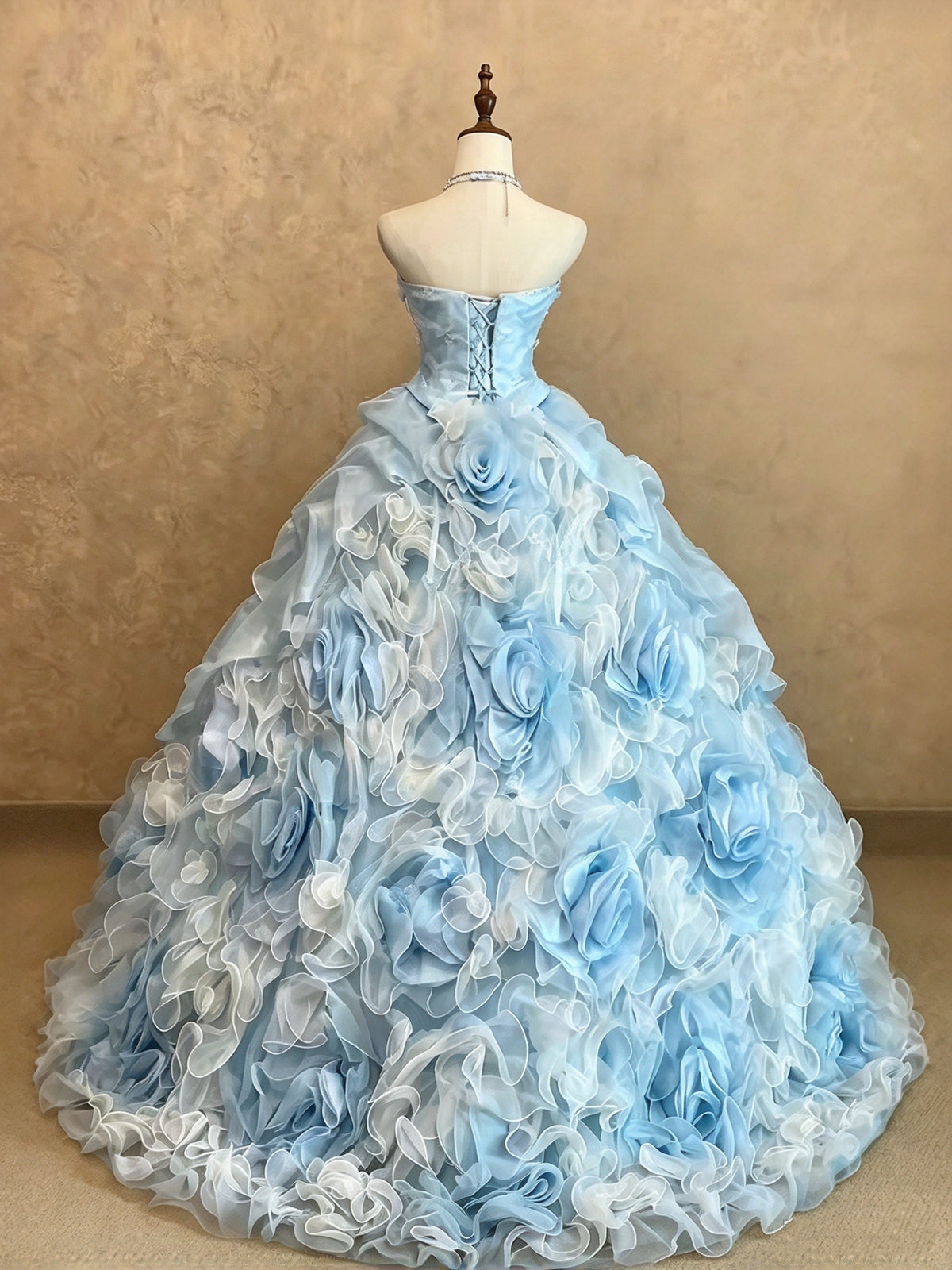 Ethereal Light Blue Halter Beaded Ruffled 3D Flower Ball Gown Quinceanera Dress Long Prom Dress AD1465