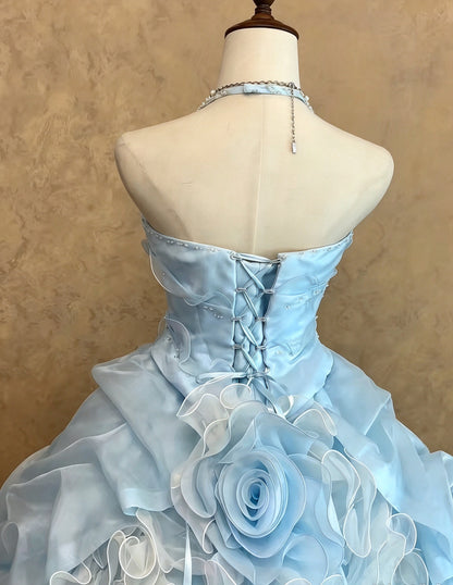 Ethereal Light Blue Halter Beaded Ruffled 3D Flower Ball Gown Quinceanera Dress Long Prom Dress AD1465