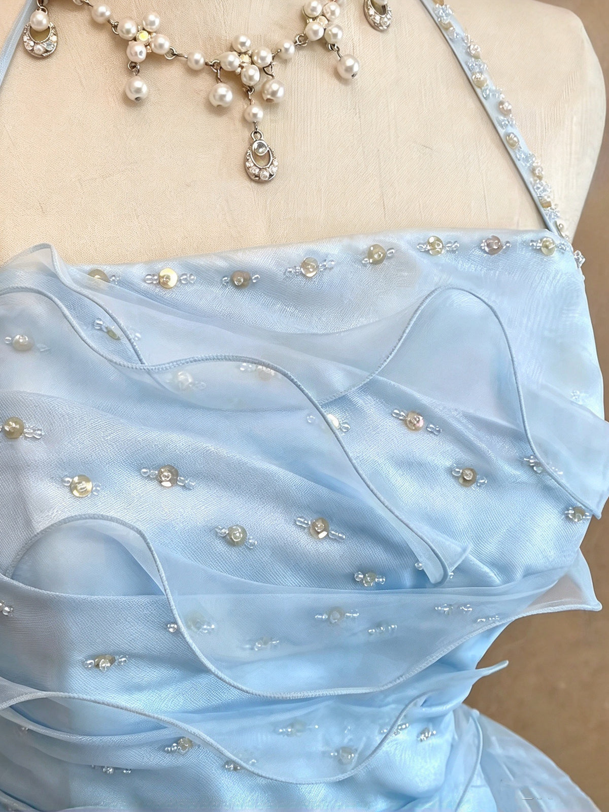 Ethereal Light Blue Halter Beaded Ruffled 3D Flower Ball Gown Quinceanera Dress Long Prom Dress AD1465