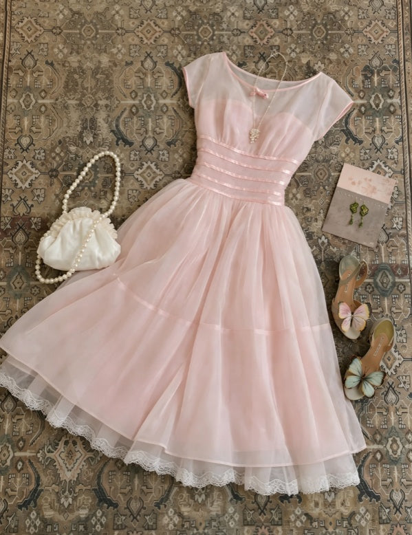 Sweet Pink Round Neck Sheer Cap Sleeve A Line Lace Hem Tulle Midi Homecoming Dress AS1645