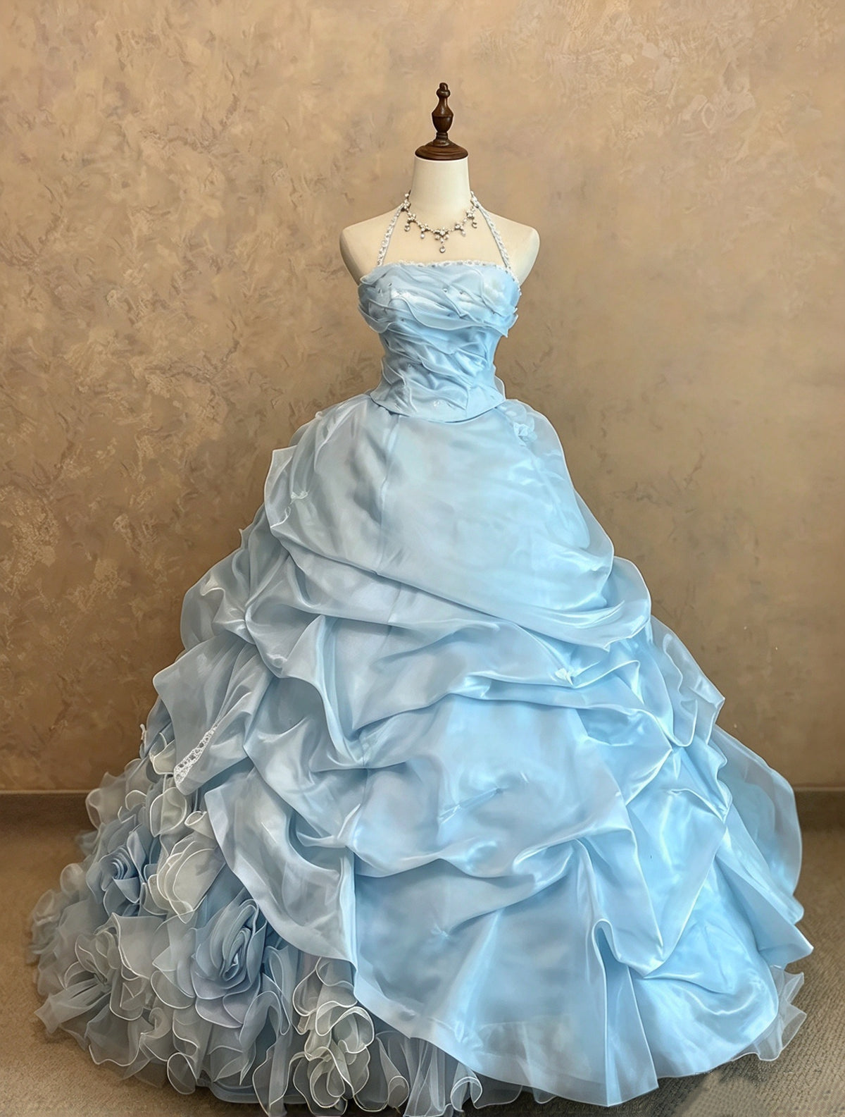 Ethereal Light Blue Halter Beaded Ruffled 3D Flower Ball Gown Quinceanera Dress Long Prom Dress AD1465