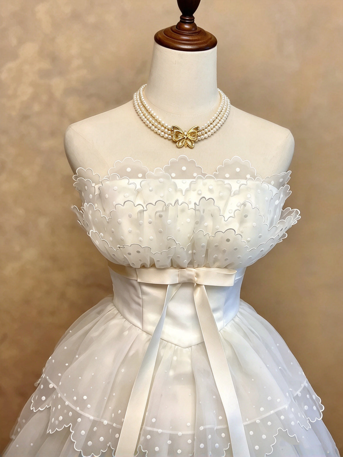 Pure White Strapless Bow Dot Tiered Tulle A Line Long Quinceanera Dress Birthday Dress Prom Dress AD1466