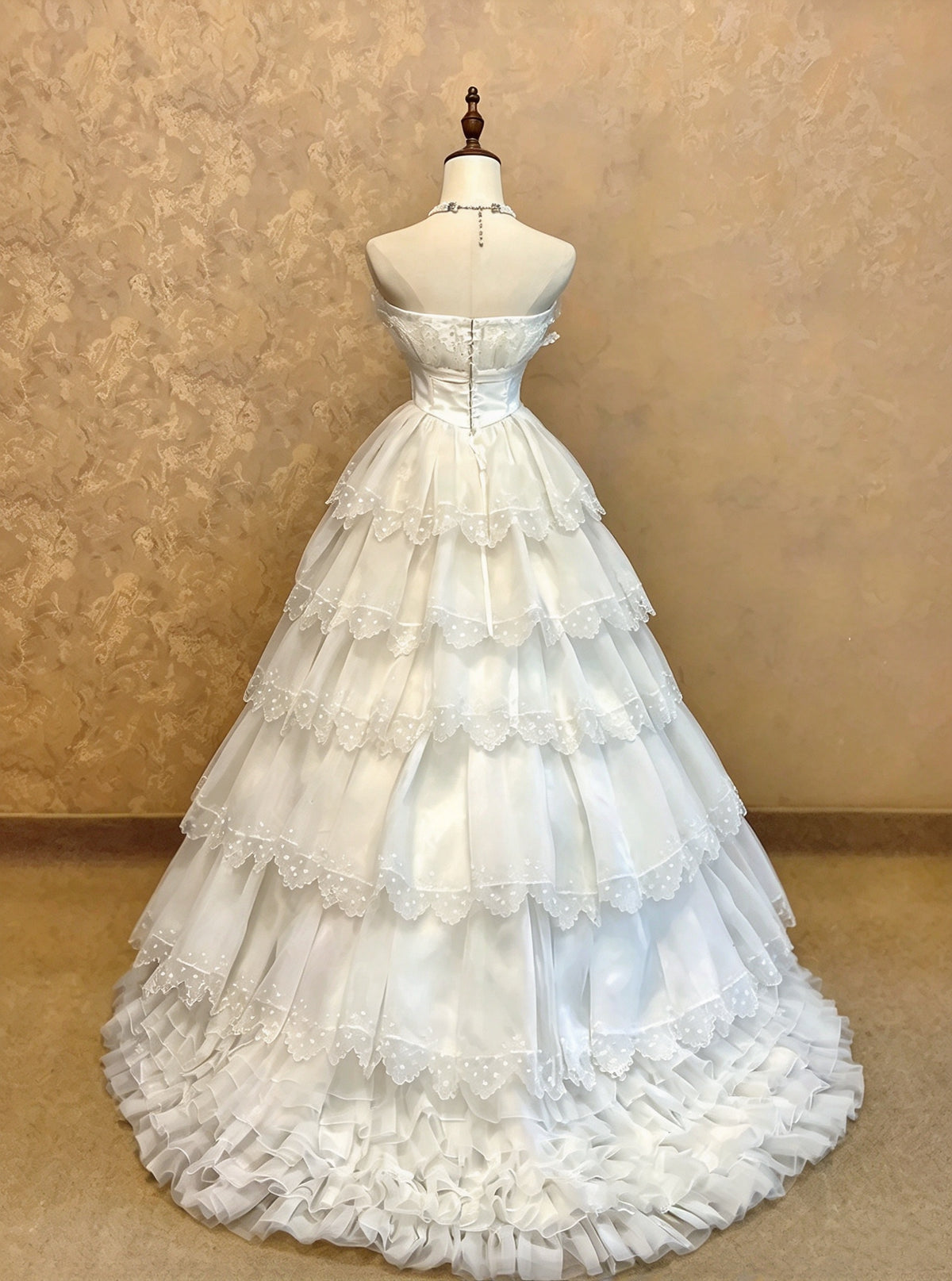 Pure White Strapless Bow Dot Tiered Tulle A Line Long Quinceanera Dress Birthday Dress Prom Dress AD1466