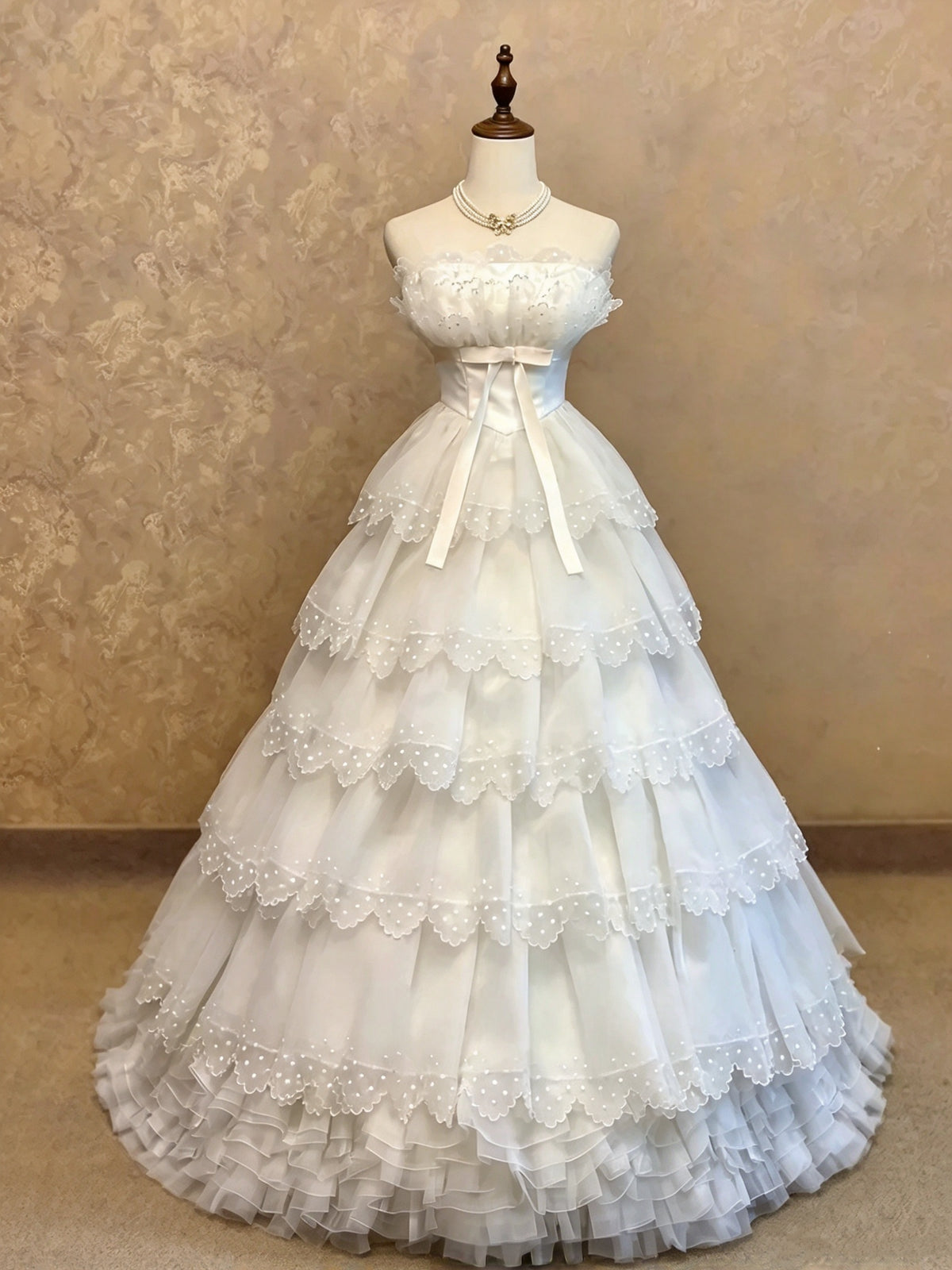 Pure White Strapless Bow Dot Tiered Tulle A Line Long Quinceanera Dress Birthday Dress Prom Dress AD1466