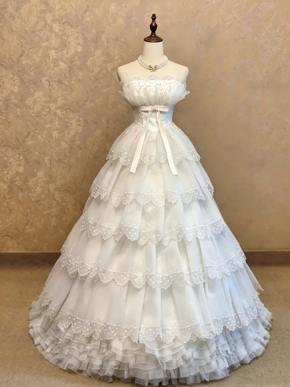 Pure White Strapless Bow Dot Tiered Tulle A Line Long Quinceanera Dress Birthday Dress Prom Dress AD1466