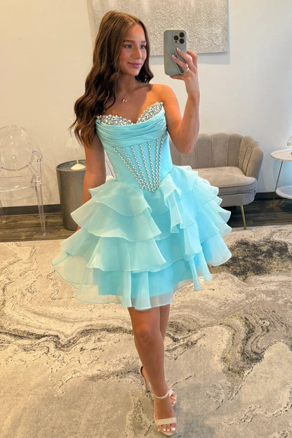 Glam Aqua Sweetheart Homecoming Dress With Rhinestone Bodice And Layered Ruffle Skirt AS165