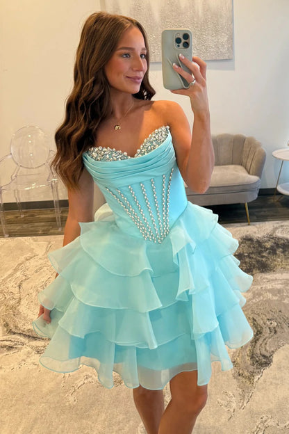 Glam Aqua Sweetheart Homecoming Dress With Rhinestone Bodice And Layered Ruffle Skirt AS165