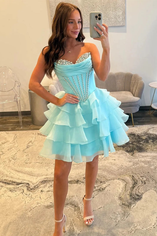 Glam Aqua Sweetheart Homecoming Dress With Rhinestone Bodice And Layered Ruffle Skirt AS165