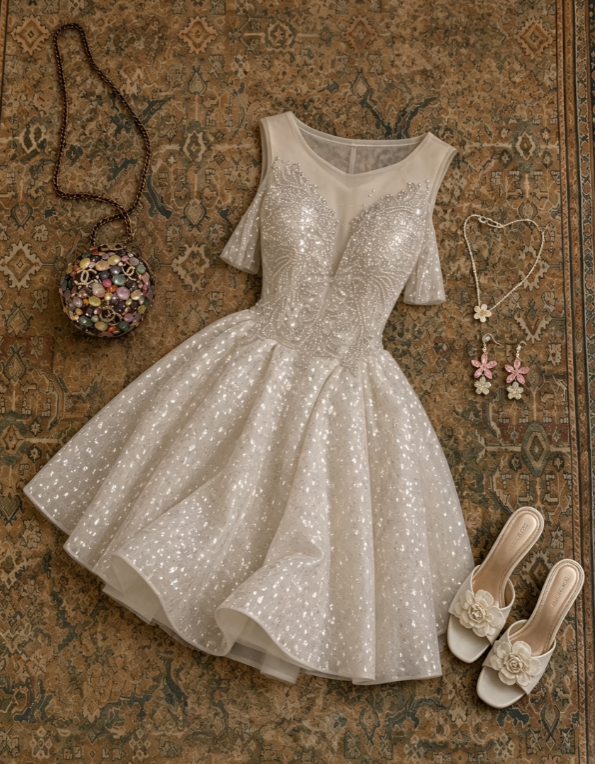 Glam White Illusion Round Neck Short Sleeve Sparkly Tulle A Line Short Homecoming Dress AS1654