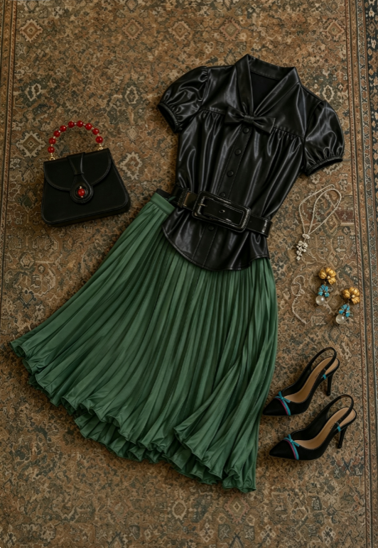 Retro Black Leather Shirt V-Neck Front Bow Short Puff Sleeve Matching Wide Belt Dark Green Pleated A Line Midi Homecoming Dress AS1656