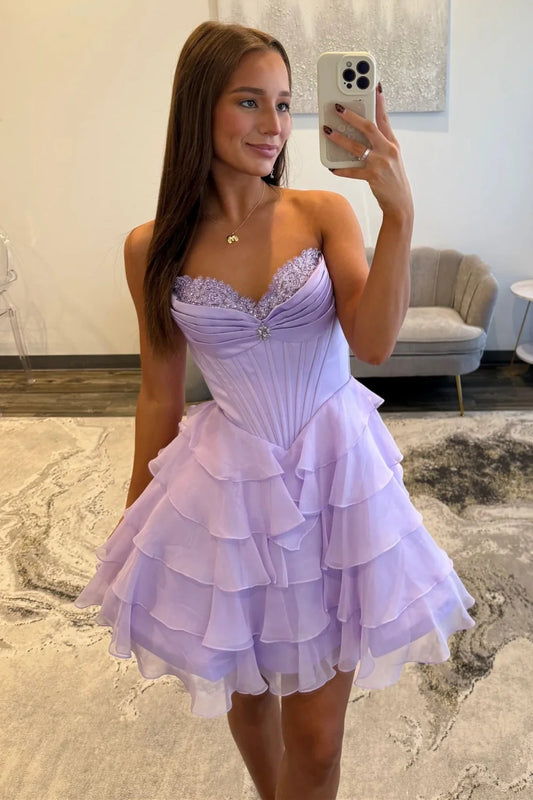 Lovely A-Line Corset Homecoming Dress With Lace Trim And Tiered Ruffle Skirt AS166
