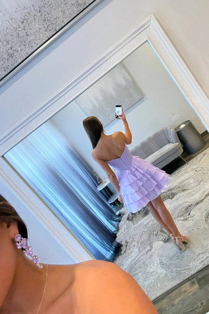 Lovely A-Line Corset Homecoming Dress With Lace Trim And Tiered Ruffle Skirt AS166