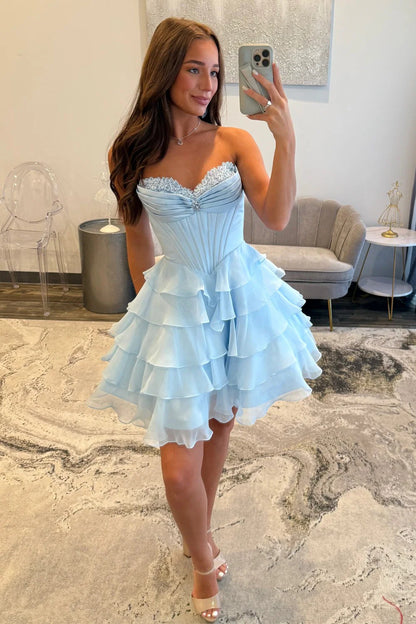 Lovely A-Line Corset Homecoming Dress With Lace Trim And Tiered Ruffle Skirt AS166