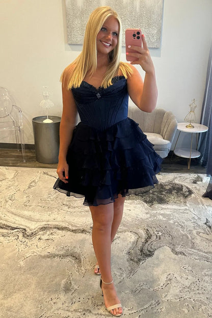 Lovely A-Line Corset Homecoming Dress With Lace Trim And Tiered Ruffle Skirt AS166