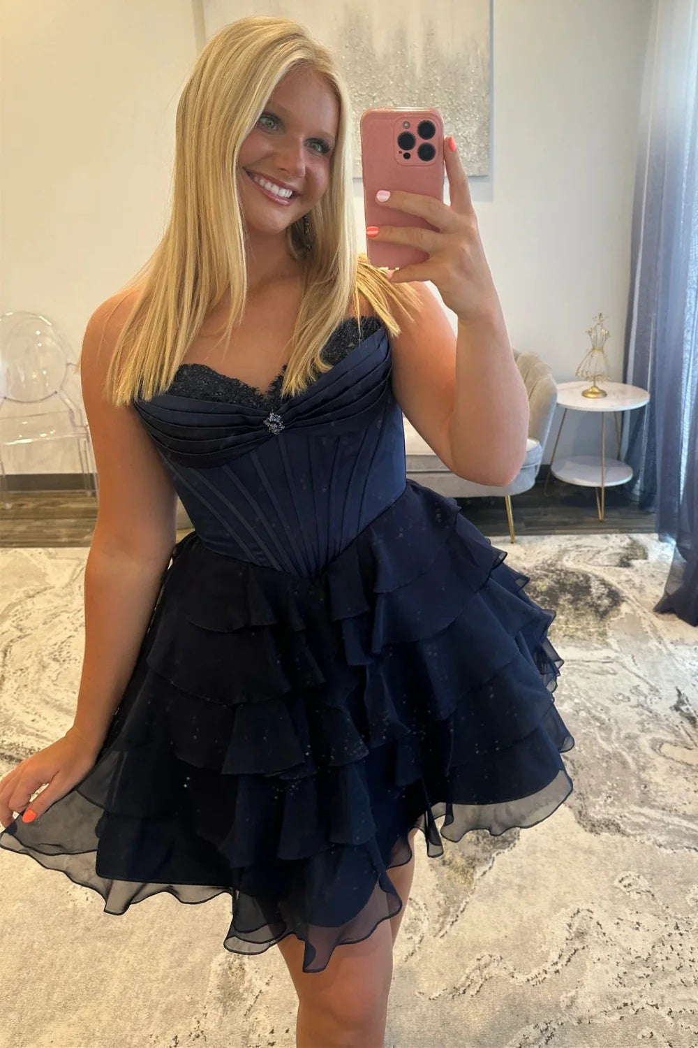 Lovely A-Line Corset Homecoming Dress With Lace Trim And Tiered Ruffle Skirt AS166