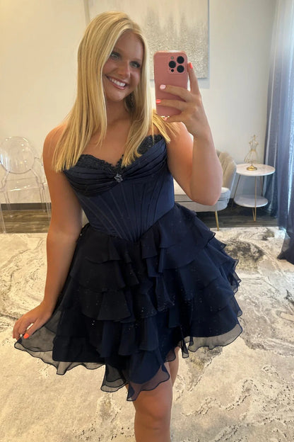 Lovely A-Line Corset Homecoming Dress With Lace Trim And Tiered Ruffle Skirt AS166