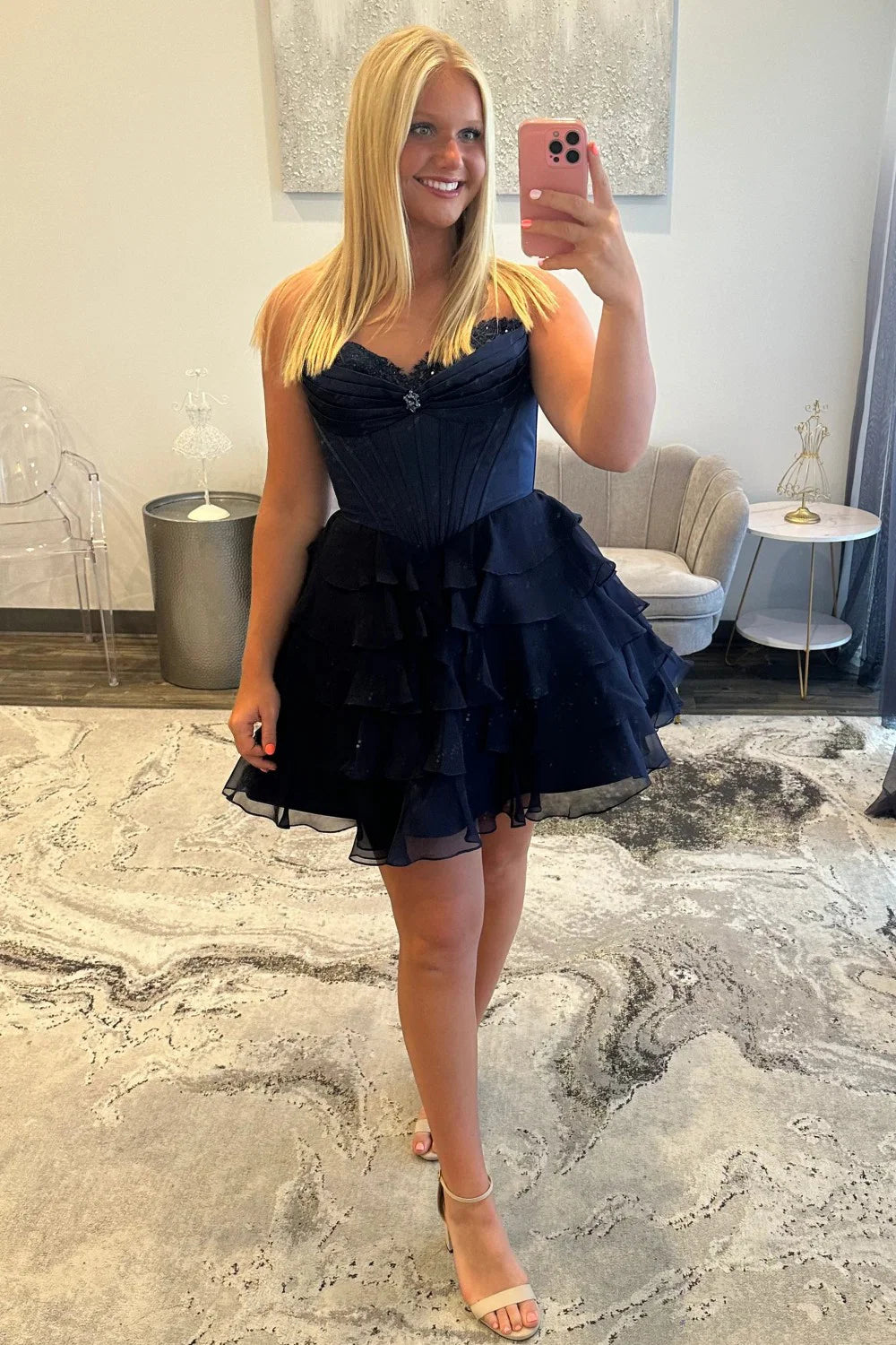 Lovely A-Line Corset Homecoming Dress With Lace Trim And Tiered Ruffle Skirt AS166