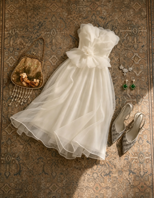 Elegant White Strapless Floral Bodice A Line Tulle Midi Homecoming Dress AS1662