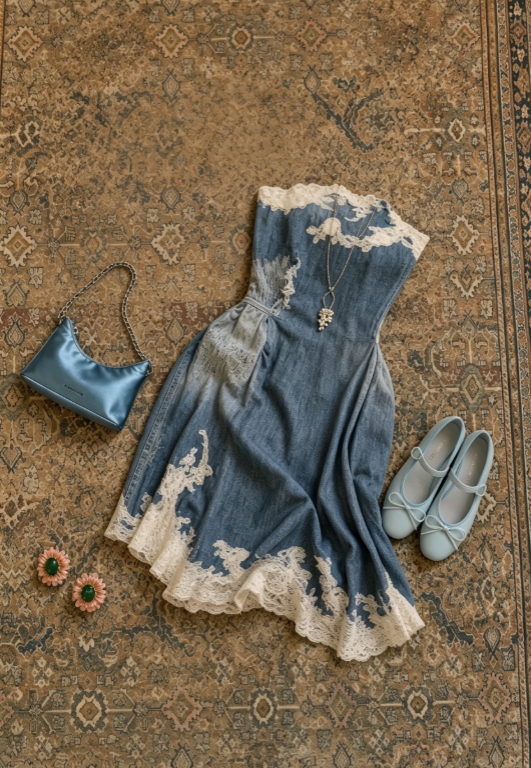 Chic Strapless Blue Denim White Lace Trim A Line Short Homecoming Dress AS1663